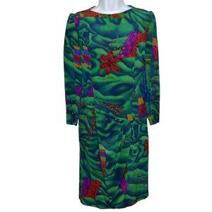 Vintage 80s Louis Feraud Silk Sheath Dress Size 6 Green Blue Abstract Floral